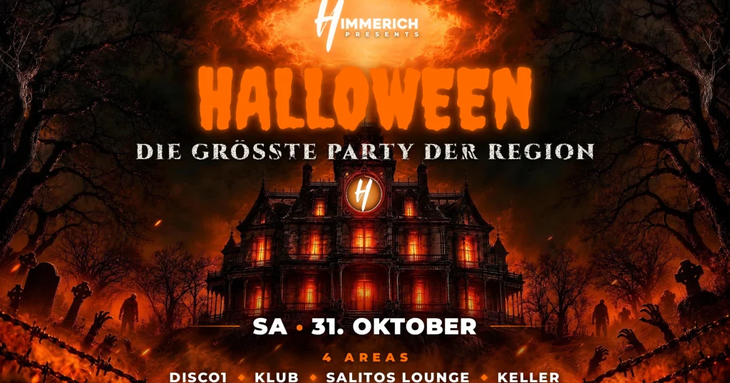 Plakat: Halloween – die größte Party der Region, Samstag 31. Oktober, 4 Areas: Disco 1, Klub, Salitos Lounge, Keller