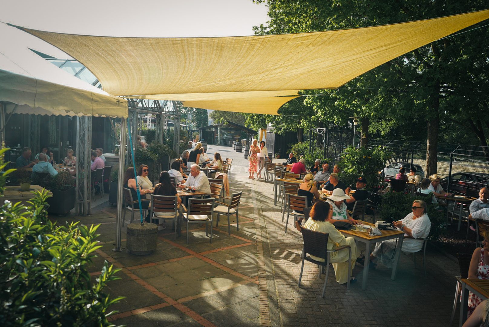 Biergarten unter dem Sonnensegel: Gäste an Tischen im Schatten der Bäume an einem Sommerabend